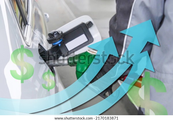 Gasoline prices. A car with a fuel injector and a\
growing chart showing rising gasoline prices during the global\
energy crisis.