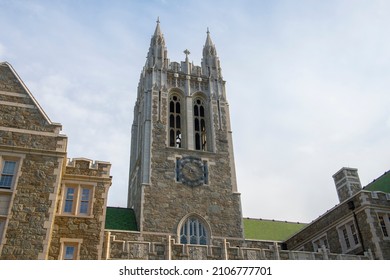 Gasson Hall with Collegiate Gothic style at the quad in Boston College. Boston College is a private university established in 1863 in Chestnut Hill, Newton, Massachusetts MA, USA.