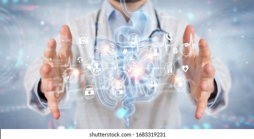 Gastroenterologist on blurred background using digital x-ray of human intestine holographic scan projection 3D rendering - Shutterstock ID 1683319231