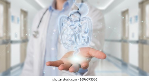 Gastroenterologe auf unscharfem Hintergrund mit digitaler Röntgenaufnahme der holografischen 3D-Darstellung des menschlichen Darms
