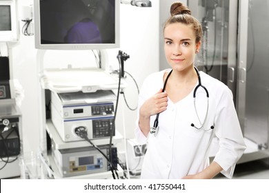 Gastrologist. Doctor's office. Doctor gastroenterologist with probe to perform gastroscopy and colonoscopy 