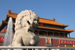Gate Of Heavenly Peace (Tian An Men) In Tiananmen Square, Beijing, China. Tiananmen Square With Lion And Mao Portrait, Beijing. Tiananmen Leads To The Forbidden City. Tiananmen Square, Beijing, China.