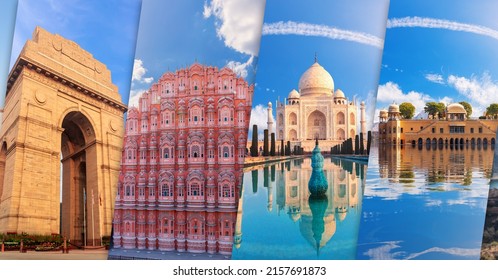 Gate of India, Hawa Mahal, Taj Mahal and Jal Mahal in one collage of India