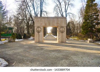 The Gate Of The Kiss - Poarta Sarutului - Stone Sculpture Made By Constantin Brancusi, Symbolizing The Triumph Of Life Over Death. Hidden gem travel destination in Romania. Targu Jiu - 20.02.2019