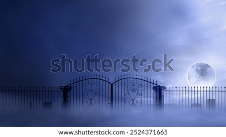 A gate with a large moon in the sky. The gate is closed and the moon is shining brightly. The sky is dark and the atmosphere is mysterious. Mockup. Copy Space. Wallpaper or Halloween background