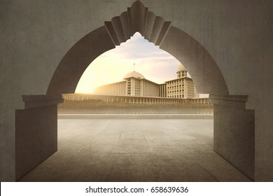 Gate with majestic mosque view during sunset