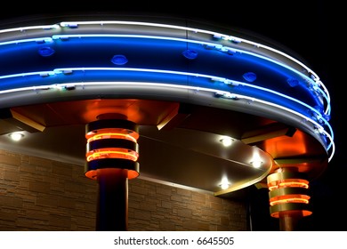 Gate In Night Bar. Neon Illumination.