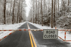 Gate With Road Closed Sign During A Winter Snow Near Cosby, Tennessee