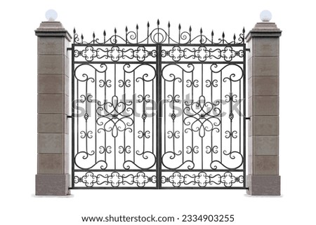 Gate with stone columns. Isolated over white background.