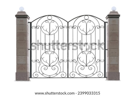 Gate with stone columns.. Isolated over white background.