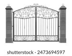 Gate with stone supports.  B.  Isolated over white background.