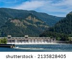 Gates open on the Bonneville Dam in the Columbia River Gorge