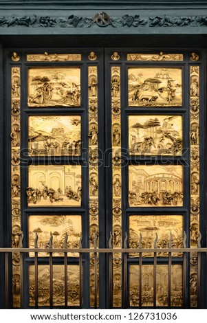 Gates of Paradise with Bible stories on door panels of Duomo Baptistry, Florence, Italy