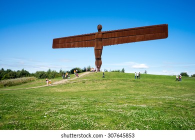 GATESHEAD, UK, AUGUST 13th 2015.  The Angel of the North, Gateshead, is a steel sculpture by Antony Gormley which stands 66 feet high with a wing span of 177 feet.  The sky is blue.