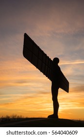GATESHEAD, UK - JANUARY 5th, 2017. The Angel of the North, Gateshead. A steel sculpture by Antony Gormley, stands 66 feet high with a wing span of 177 feet. The sky is blue.