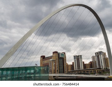 GATESHEAD, UK - JULY 24, 2017: Millenium Bridge With Baltic Flour Mill In Background