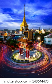 The Gateway Arch (Odeon Circle) and Golden Buddha Temple, Landmark of Chinatown Bangkok Thailand