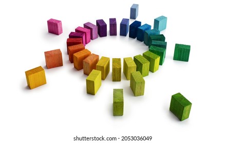 Gathering, centralization of data and people, concept image.
Circle of colorful wooden blocks representing unity of diverse elements. Isolated on pure white.