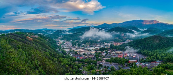 Gatlinburg, Tennessee, USA Downtown Skyline Aerial Panorama.