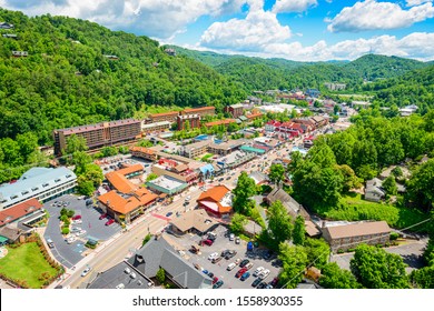 Gatlinburg, Tennessee, USA Downtown Viewed From Above In The Summer Season.