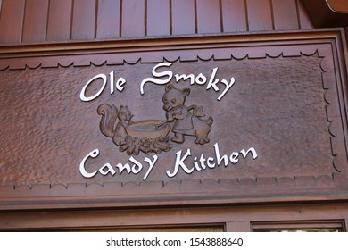 Gatlinburg, Tennessee / USA - September 5 2019: Sign For Ole Smoky Candy Kitchen