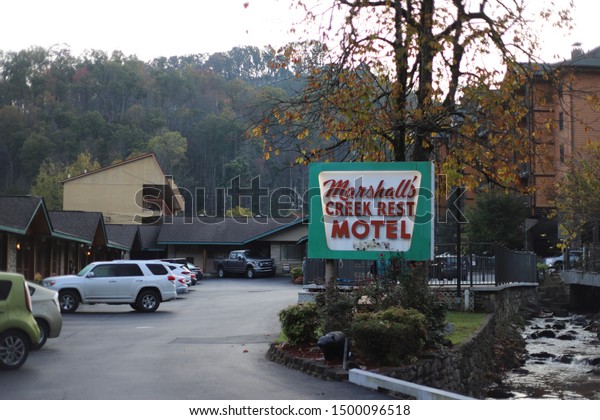 Gatlinburg,\
Tennessee-October 28,2019: Marshall\'s Creekside Motel in\
Gatlinburg, Tennessee is a one of the most favorite place to spend\
the night in the smokies in\
Tennessee.
