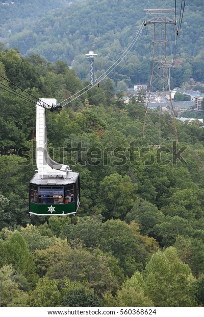 GATLINBURG, TN - OCT 3: Aerial Tramway to Ober\
Gatlinburg from downtown Gatlinburg in Tennessee, as seen on Oct 3,\
2016. The 2.1 miles tram ride runs 17 miles per hour and takes\
about 10 minutes.