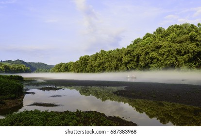 Gatlinburg, USA - August 25, 2014: Couple Navigate Their Small Boat Down The Little Tennessee River As Dawn Mist Lifts On August 25, 2014 Near Gatlinburg, Tennessee, USA.