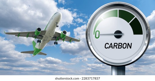 Gauge with inscription CARBON and arrow points to zero on a background of plane in sky. Concept of decarbonization and biofuel