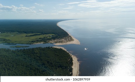 Gauja River Latvia Drain Into Baltic Sea Aerial Drone Top View