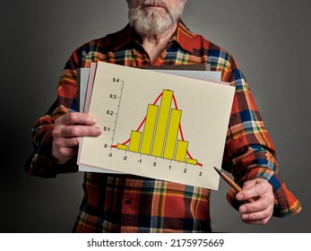 Gaussian, bell or normal distribution curve and histogram graph in a spiral notebook hold by a businessman, teacher or presenter, business or science data analysis concept