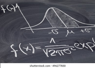Gaussian, bell or normal distribution curve with equation sketched with white chalk on a blackboard
