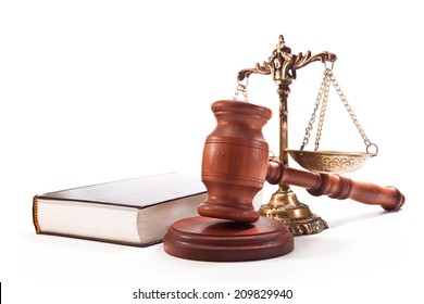 Gavel, Book, Antique Bronze Scales On A White Background