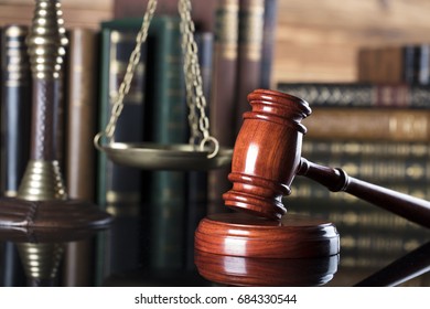 Gavel, books, scales. Law concept. Place for text.