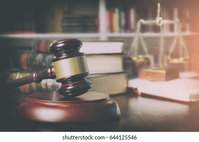 Gavel In Court Room Library. Law Old Retro Style Photo