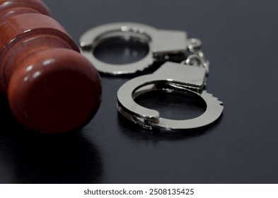 a gavel and handcuffs,the justice system's power to enforce the law. The gavel represents the authority to make decisions, the handcuffs signify the potential for punishment or restraint.