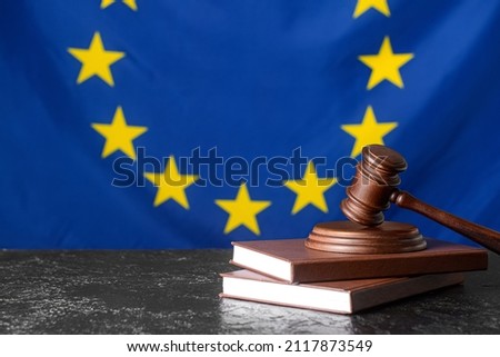 Gavel of judge with books against European Union flag