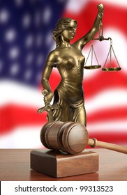 Gavel And Lady Of Justice  And USA Flag