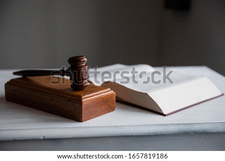 Gavel on block with legal textbook open