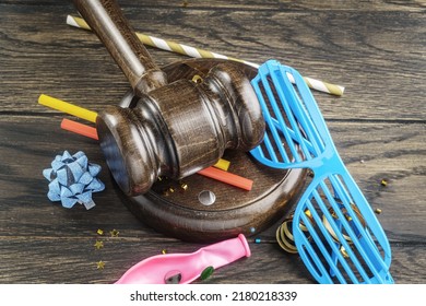 Gavel And Various Party Items. Prohibition Of Entertainment Events Or Violations Of The Rules Of The Organization Of Parties Concept