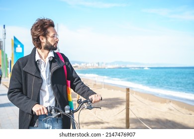 Gay With Bicycle On Shore