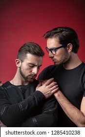 Gay Couple Going Through Rough Times, Comforting Each Other, Experiencing Quiet Sadness