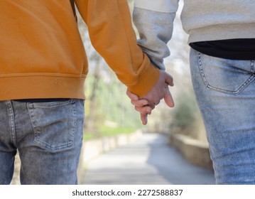 A gay couple hold hands while walking through the city. Concept of homosexuality, LGBT and freedom of expression. - Powered by Shutterstock