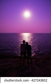 Gay Couple Hug And Happy In Sunset, Silhouette Photo