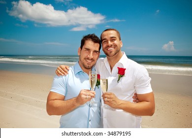 Gay Couple On A Beach After Getting Married