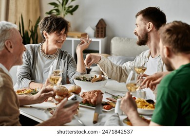 A gay couple shares a meal with parents at home. - Powered by Shutterstock