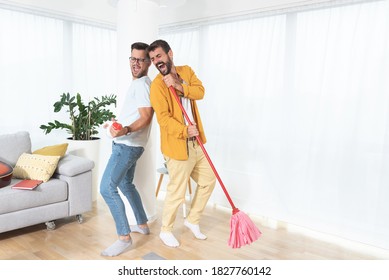 Gay Couple Singing While Cleaning House