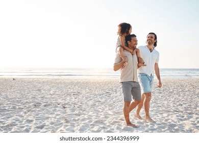Gay couple, space and piggyback with family at beach for seaside holiday, support and travel mockup. Summer, vacation and love with men and child in nature for lgbtq, happiness and bonding together - Powered by Shutterstock