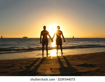 Gay Couple Sunset Silhouette