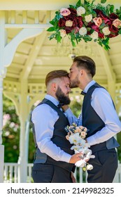 Gay Couple Wedding. Homosexuality, Same-sex Marriage And Men Love Concept. Gays Kissing. Gay Marriage, Closeup Male Kiss.